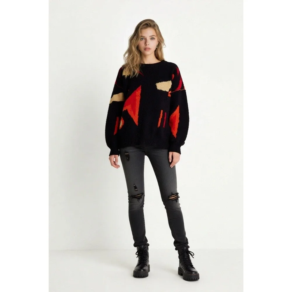 Vintage Luce Italy Abstract Geometric Lurex Knit Sweater Black Red Medium 290 - Picture 2 of 9